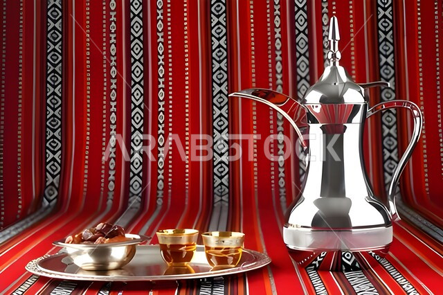 دلة قهوة عربية نحاسية مع فناجين, تقديم المشروبات الساخنة, كرم الضيافة وحسن الاستقبال في المملكة العربية السعودية، أصالة العادات والتقاليد الخليجية، جلسات شعبية تقليدية