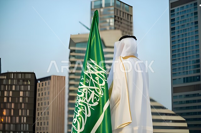 Celebrating Flag Day, March 11, remembering history and national identity, commemorating the Saudi National Day, September 23, a picture from behind of a Saudi Gulf Arab man wearing the Saudi dress holding the national flag in his hand, Saudi National Day, background of the King Abdullah Towers