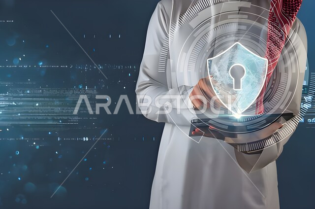 مفهوم الأمن السيبراني، استخدام التقنيات الالكترونية الحديثه، صورة مقربة لرجل عربي سعودي خليجي يرتدي الثوب التقليدي مع الشماغ يقوم بلمس أيقونة قفل الأمان، شاشات الكترونية مضيئة، عناصر ورموز هولوجرامية ثلاثية الابعاد، النمو والتقدم التكنولوجي