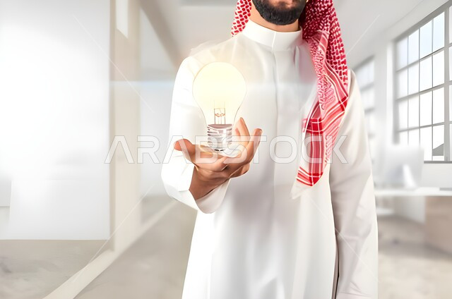 النمو والتقدم التكنولوجي، تحسين كفاءة العمل، استخدام التقنيات الالكترونية الحديثه، صورة مقربة ليدين شخص عربي سعودي خليجي يرتدي الثوب التقليدي مع الشماغ يقوم بلمس الأيقونات الافتراضية، مفهوم تنمية الاعمال والاقتصاد، عناصر ورموز هولوجرامية ثلاثية الابعاد