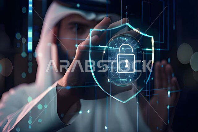 مفهوم الأمن السيبراني، استخدام التقنيات الالكترونية الحديثه، صورة مقربة لرجل عربي سعودي خليجي يرتدي الثوب التقليدي مع الشماغ يقوم بلمس أيقونة قفل الأمان، شاشات الكترونية مضيئة، عناصر ورموز هولوجرامية ثلاثية الابعاد، النمو والتقدم التكنولوجي