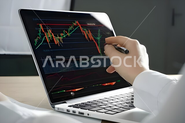 مراقبة الرسوم البيانيه الهولوجراميه على الشاشات الالكترونيه المضيئه، صورة مقربة ليدين لرجل أعمال عربي خليجي سعودي يقوم بمراقبة ارتفاع وانخفاض الأسهم في سوق البورصه، دمج التكنولوجيا المتطورة مع العمل، إنجاز وتحقيق أهداف الشركة, تداول العملة الرقمية