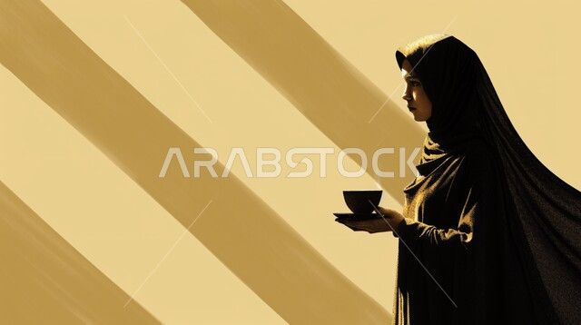 ملابس محجبات عصرية راقية، الاهتمام بالمظهر الخارجي والأناقة، مفهوم الأنوثة والنعومة، صورة مقربة لامرأة عربية خليجية سعودية محجبة تنظر بايماءات الثقة بالنفس تحمل بيدها كوب من الشاي