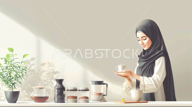 ملابس محجبات عصرية راقية، الاستمتاع بالمشروبات الساخنة، الاهتمام بالمظهر الخارجي والأناقة، مفهوم الأنوثة والنعومة، صورة مقربة لامرأة عربية خليجية سعودية محجبة تنظر بايماءات الثقة بالنفس تحمل بيدها كوب من الشاي