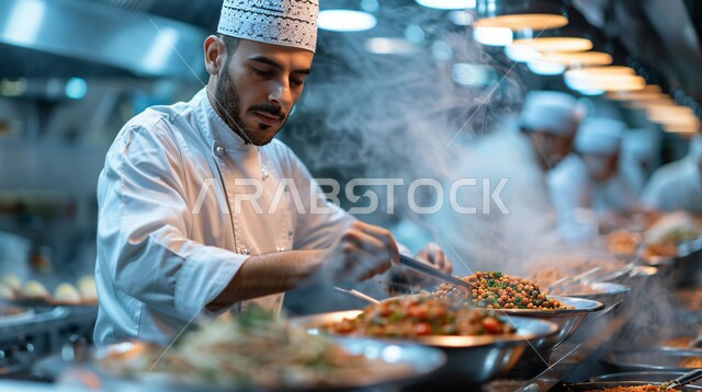 Preparing and preparing food in the kitchens and restaurants of the Kingdom of Saudi Arabia, a meal with high nutritional value, the arts and skills of innovation, a close-up image of a Saudi Arabian Gulf chef wearing the official uniform of the profession doing his work in the restaurant kitchen