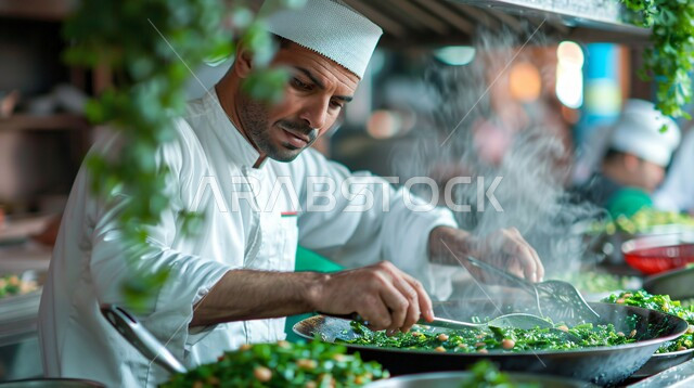 اعداد وتحضير الطعام في مطابخ و مطاعم المملكة العربية السعودية، وجبة ذات قيمة غذائية عالية، فنون ومهارات الإبتكار، صورة مقربة لطباخ عربي خليجي سعودي يرتدي الزي الرسمي الخاص بمزاولة المهنة يقوم بعمله في مطبخ المطعم