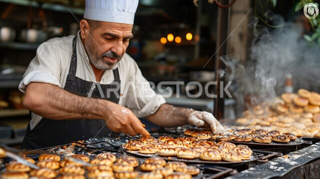 اعداد وتحضير الطعام في مطابخ و مطاعم المملكة العربية السعودية، وجبة ذات قيمة غذائية عالية، فنون ومهارات الإبتكار، صورة مقربة لطباخ عربي خليجي سعودي يرتدي الزي الرسمي الخاص بمزاولة المهنة يقوم بعمله في مطبخ المطعم