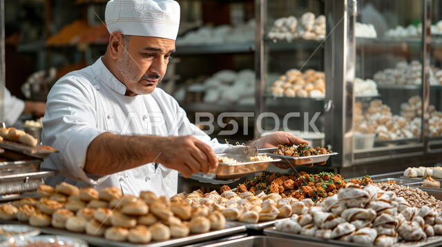 اعداد وتحضير الطعام في مطابخ و مطاعم المملكة العربية السعودية، وجبة ذات قيمة غذائية عالية، فنون ومهارات الإبتكار، صورة مقربة لطباخ عربي خليجي سعودي يرتدي الزي الرسمي الخاص بمزاولة المهنة يقوم بعمله في مطبخ المطعم