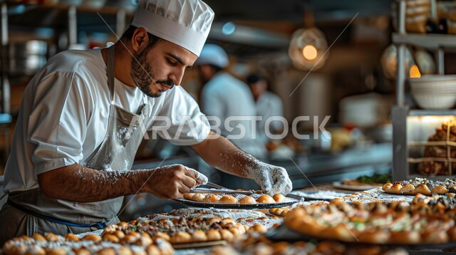 اعداد وتحضير الطعام في مطابخ و مطاعم المملكة العربية السعودية، وجبة ذات قيمة غذائية عالية، فنون ومهارات الإبتكار، صورة مقربة لطباخ عربي خليجي سعودي يرتدي الزي الرسمي الخاص بمزاولة المهنة يقوم بعمله في مطبخ المطعم