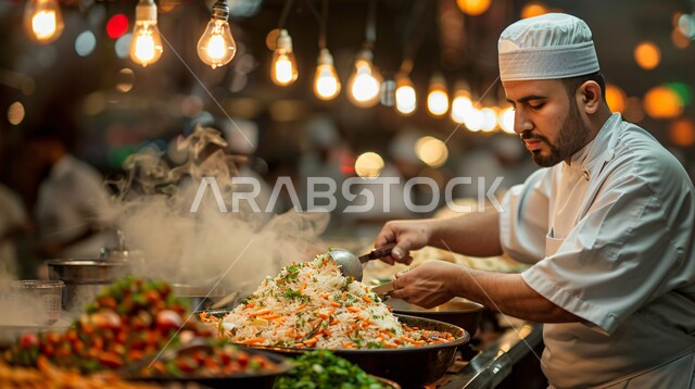 اعداد وتحضير الطعام في مطابخ و مطاعم المملكة العربية السعودية، وجبة ذات قيمة غذائية عالية، فنون ومهارات الإبتكار، صورة مقربة لطباخ عربي خليجي سعودي يرتدي الزي الرسمي الخاص بمزاولة المهنة يقوم بعمله في مطبخ المطعم