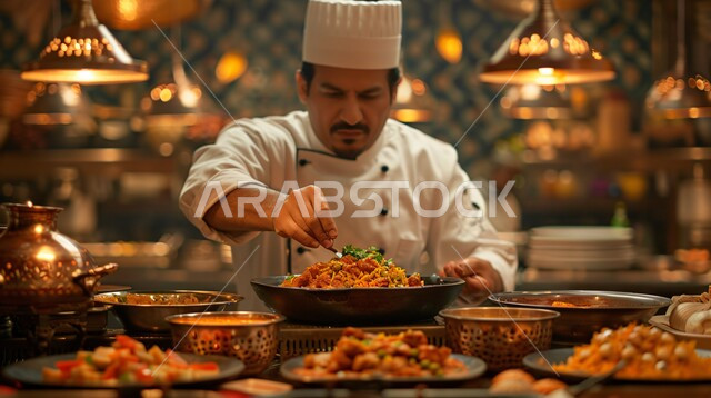 اعداد وتحضير الطعام في مطابخ و مطاعم المملكة العربية السعودية، وجبة ذات قيمة غذائية عالية، فنون ومهارات الإبتكار، صورة مقربة لطباخ عربي خليجي سعودي يرتدي الزي الرسمي الخاص بمزاولة المهنة يقوم بعمله في مطبخ المطعم