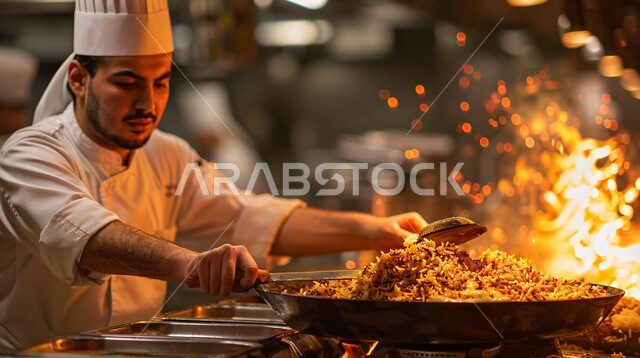 اعداد وتحضير الطعام في مطابخ و مطاعم المملكة العربية السعودية، وجبة ذات قيمة غذائية عالية، فنون ومهارات الإبتكار، صورة مقربة لطباخ عربي خليجي سعودي يرتدي الزي الرسمي الخاص بمزاولة المهنة يقوم بعمله في مطبخ المطعم