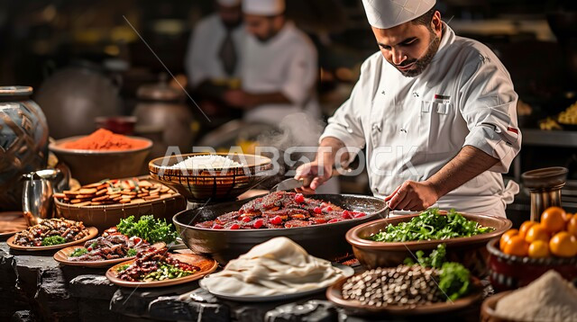 اعداد وتحضير الطعام في مطابخ و مطاعم المملكة العربية السعودية، وجبة ذات قيمة غذائية عالية، فنون ومهارات الإبتكار، صورة مقربة لطباخ عربي خليجي سعودي يرتدي الزي الرسمي الخاص بمزاولة المهنة يقوم بعمله في مطبخ المطعم