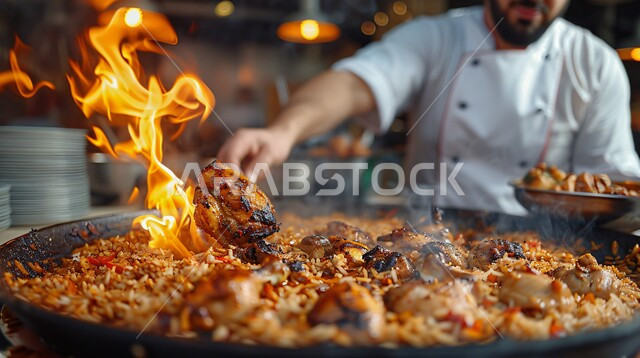  وجبة ذات قيمة غذائية عالية، فنون ومهارات الإبتكار، اعداد وتحضير الطعام في مطابخ و مطاعم المملكة العربية السعودية، صورة مقربة لطباخ عربي خليجي سعودي يرتدي الزي الرسمي الخاص بمزاولة المهنة يقوم بعمله في مطبخ المطعم