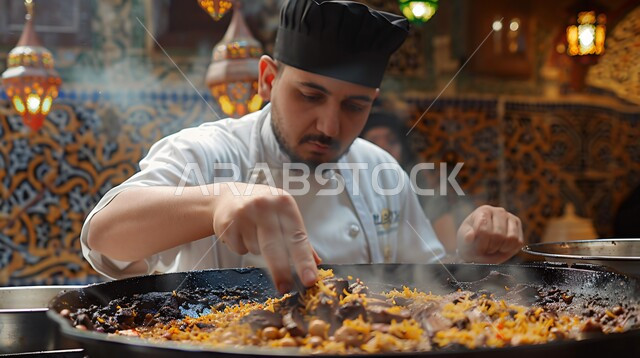  وجبة ذات قيمة غذائية عالية، فنون ومهارات الإبتكار، اعداد وتحضير الطعام في مطابخ و مطاعم المملكة العربية السعودية، صورة مقربة لطباخ عربي خليجي سعودي يرتدي الزي الرسمي الخاص بمزاولة المهنة يقوم بعمله في مطبخ المطعم