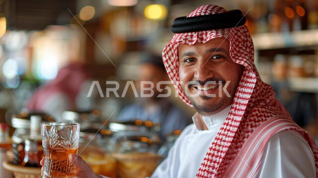 مشاريب صحية ومفيدة ومغذية، عصائر طبيعية باردة شهية، فواكه موسمية منعشة، محاصيل زراعية وثمار وطنية محلية، صورة لشيف عربي سعودي يرتدي الثوب التقليدي والشماغ يقوم بتحضير المشروبات الصيفية،