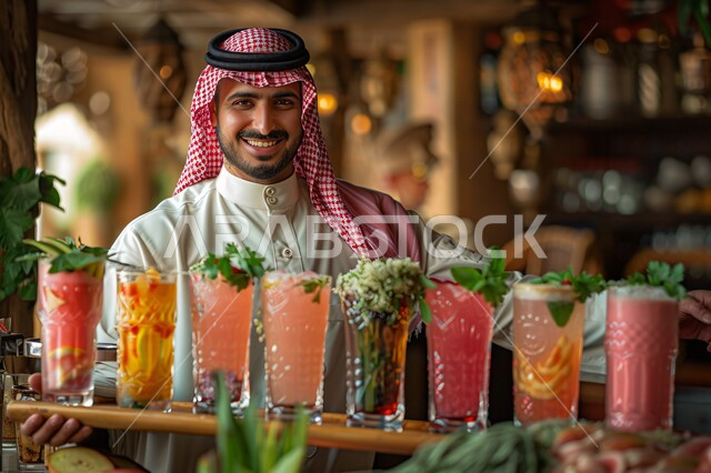 مشاريب صحية ومفيدة ومغذية، عصائر طبيعية باردة شهية، فواكه موسمية منعشة، محاصيل زراعية وثمار وطنية محلية، صورة لشيف عربي سعودي يرتدي الثوب التقليدي والشماغ يقوم بتحضير المشروبات الصيفية،