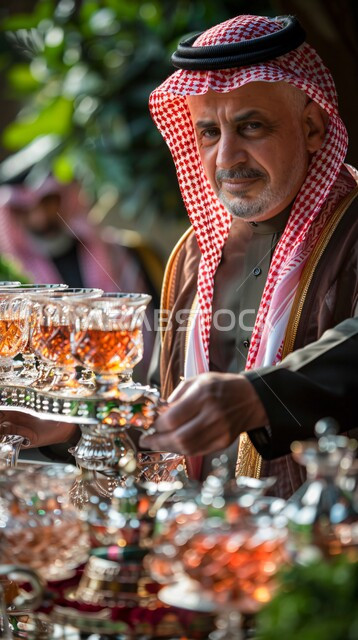 العادات و التقاليد القديمة في تقديم الشاي, حسن الضيافه وكرم الإستقبال في المملكة العربية السعودية, الاستمتاع بالمشروبات الساخنة، الاواني الفضية التقليدية، صورة مقربة لرجل عربي خليجي سعودي يرتدي الثوب التقليدي والشماغ يحمل طبق من اكواب الشاي