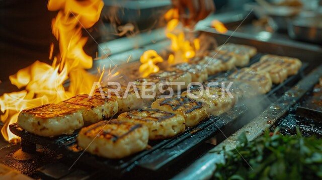 مطاعم الشواء في المملكة العربية السعودية، صورة مقربة لأيدي شيف عربي خليجي سعودي يقوم بطهي أسياخ السمك المشوي على الفحم، مأكولات وأصناف عربية شرقية، أطباق الباربكيو الشهية، وجبات الطعام اللذيذة الصحية