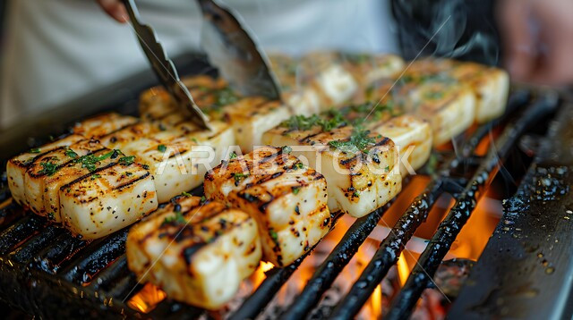 مطاعم الشواء في المملكة العربية السعودية، صورة مقربة لأيدي شيف عربي خليجي سعودي يقوم بطهي أسياخ السمك المشوي على الفحم، مأكولات وأصناف عربية شرقية، أطباق الباربكيو الشهية، وجبات الطعام اللذيذة الصحية