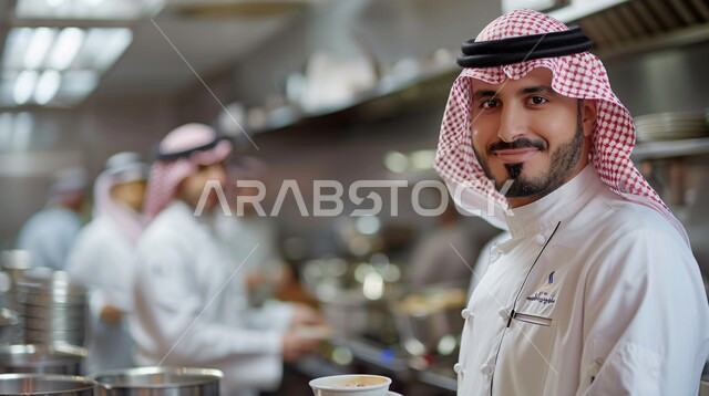 الفن في إعداد وتقديم الأصناف المتنوعة، احتراف مهنة وفنون الطبخ، صورة مقربة  لشيف عربي خليجي سعودي يرتدي زي الطهاة يعمل في المطبخ، النظر إلى الكاميرا بتعابير السعادة والسرور، العمل في مطابخ ومطاعم المملكة العربية السعودية