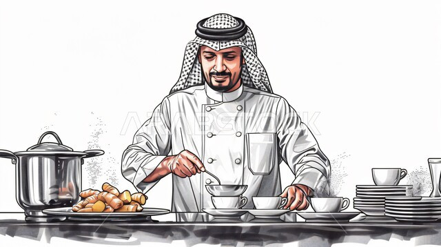 Enjoying favorite drinks, sipping a delicious hot drink, a picture of a Saudi Gulf Arab young man wearing the official professional dress holding a cup of tea in his hand, enjoying ready-made drinks in cafes and restaurants, full length body