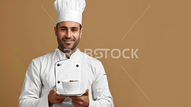الاستمتاع بتناول المشروبات المفضلة, احتساء مشروب ساخن لذيذ, صورة لطباخ عربي خليجي سعودي يرتدي الثوب الرسمي الخاص بمزاولة المهنة يحمل بيده كوب من الشاي, التلذذ بمشاريب الكافيهات والمطاعم الجاهزة