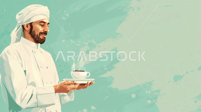 لاستمتاع بتناول المشروبات المفضلة, احتساء مشروب ساخن لذيذ, صورة لطباخ عربي خليجي سعودي يرتدي الثوب الرسمي الخاص بمزاولة المهنة يحمل بيده كوب من الشاي, التلذذ بمشاريب الكافيهات والمطاعم الجاهزة