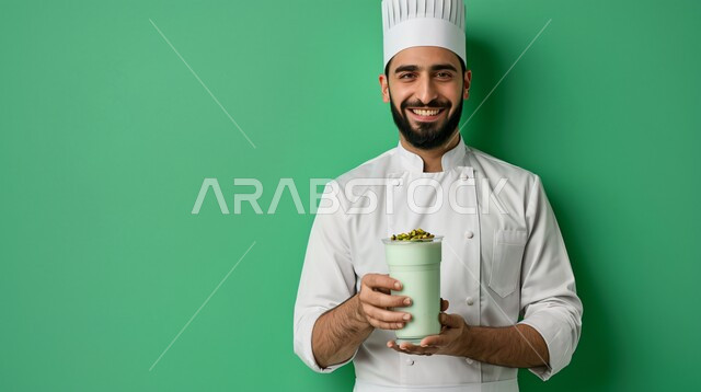 عصائر طبيعية باردة شهية، فواكه موسمية منعشة، محاصيل زراعية وثمار وطنية محلية، صورة لشيف عربي سعودي يرتدي الزي الرسمي الخاص بمزاولة المهنة يقوم باعداد المشروبات الصيفية، مشاريب صحية ومفيدة ومغذية