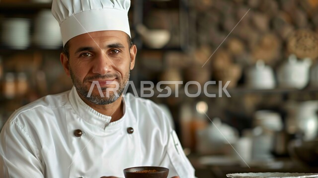 الفن في إعداد وتقديم الأصناف المتنوعة، احتراف مهنة وفنون الطبخ، صورة مقربة  لشيف عربي خليجي سعودي يرتدي زي الطهاة يعمل في المطبخ، النظر إلى الكاميرا بتعابير السعادة والسرور، العمل في مطابخ ومطاعم المملكة العربية السعودية