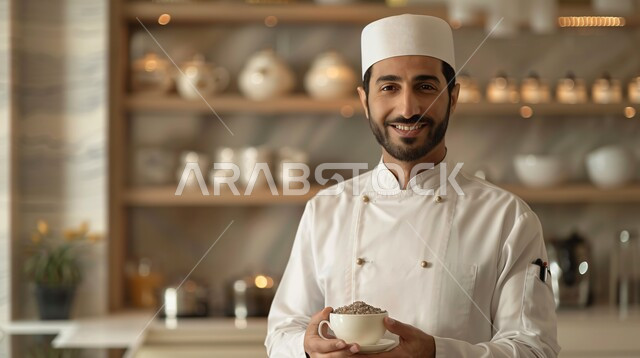 Enjoying favorite drinks, sipping a delicious hot drink, a picture of a Saudi Gulf Arab young man wearing the official professional dress holding a cup of tea in his hand, enjoying ready-made drinks in cafes and restaurants, full length body