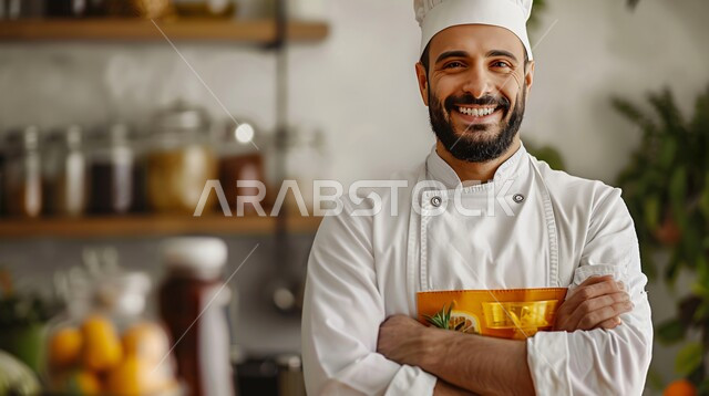 الفن في إعداد وتقديم الأصناف المتنوعة، احتراف مهنة وفنون الطبخ، صورة مقربة  لشيف عربي خليجي سعودي يرتدي زي الطهاة يعمل في المطبخ، النظر إلى الكاميرا بتعابير السعادة والسرور، العمل في مطابخ ومطاعم المملكة العربية السعودية