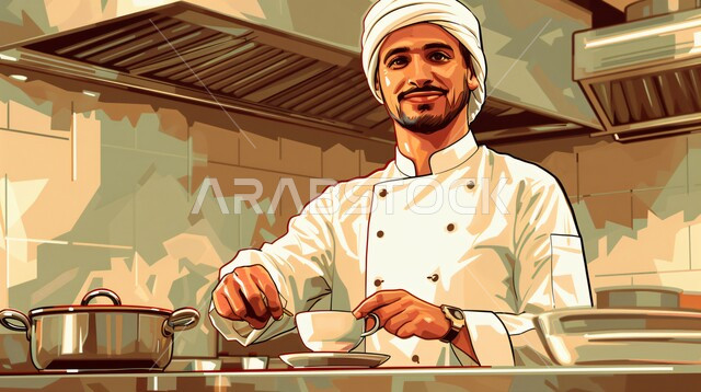 الاستمتاع بتناول المشروبات المفضلة, احتساء مشروب ساخن لذيذ, صورة لطباخ عربي خليجي سعودي يرتدي الثوب الرسمي الخاص بمزاولة المهنة يحمل بيده كوب من الشاي, التلذذ بمشاريب الكافيهات والمطاعم الجاهزة