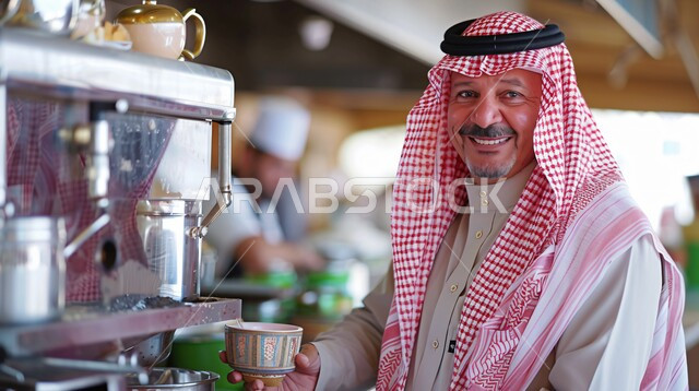 الاعتناء والاهتمام بالمظهر الخارجي، مفهوم الاناقة والرجولة، ألتقاط صور شخصية للوثائق الرسمية، بورتريه مقرب لشاب عربي خليجي سعودي مبتسم يرتدي الشماغ والثوب التقليدي ينظر الى الكاميرا بتعابير السرور والثقة بالنفس، أزياء سعودية تقليدية