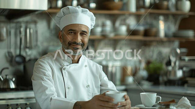 الاستمتاع بتناول المشروبات المفضلة, احتساء مشروب ساخن لذيذ, صورة لطباخ عربي خليجي سعودي يرتدي الثوب الرسمي الخاص بمزاولة المهنة يحمل بيده كوب من الشاي, التلذذ بمشاريب الكافيهات والمطاعم الجاهزة