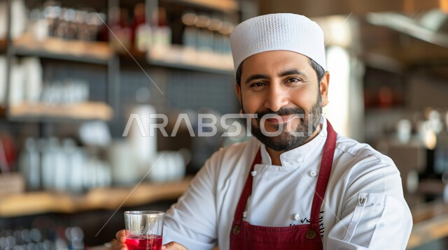الفن في إعداد وتقديم الأصناف المتنوعة، احتراف مهنة وفنون الطبخ، صورة مقربة  لشيف عربي خليجي سعودي يرتدي زي الطهاة يعمل في المطبخ، النظر إلى الكاميرا بتعابير السعادة والسرور، العمل في مطابخ ومطاعم المملكة العربية السعودية