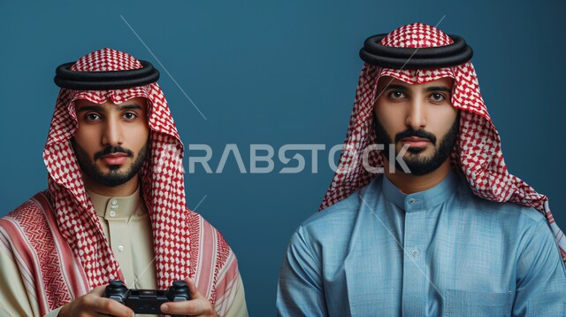 المتعه والتسلية بالفيديو جيمز، النظر الى الكاميرا بتعابير الاندماج أثناء اللعب بالألعاب الالكترونية الترفيهيه، بورتريه مقرب لشاب عربي خليجي سعودي يرتدي الثوب التقليدي والشماغ يمسك بيده عصا التحكم يقف بجانب صديقه، قضاء أوقات مسلية مع الأصدقاء، خلفية زرقاء