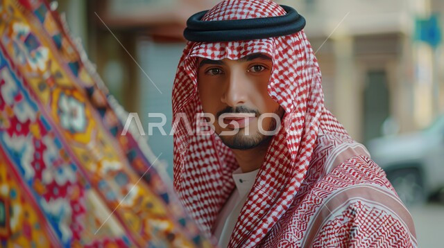الاعتناء والاهتمام بالمظهر الخارجي، مفهوم الاناقة والرجولة، ألتقاط صور شخصية للوثائق الرسمية، صورة مقربة لشاب عربي خليجي سعودي  يرتدي الشماغ والثوب التقليدي ينظر الى الكاميرا بتعابير السرور والثقة بالنفس، أزياء سعودية تقليدية