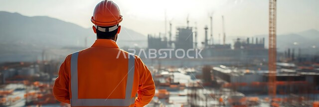 مفهوم العمل في القطاع الهندسي, مهن ووظائف هندسية, التطور و النمو في مجال الهندسة في المملكة العربية السعودية، صورة من الخلف لمهندس عربي خليجي سعودي يرتدي سترة وخوذة الحماية يقوم بالاشراف على المشاريع 