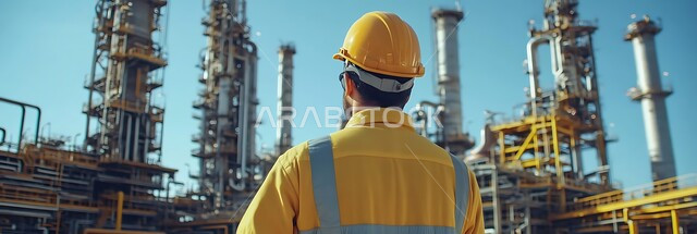  العمل في مجال الصناعات والمشاريع البيتروكيماوية، خطوط الأنابيب والكابلات الفولاذية، مفهوم إنتاجية الغاز في المملكة العربية السعودية، متابعة سير الاعمال في المصانع والمعامل، صورة من الخلف لمهندس عربي خليجي سعودي يرتدي السترة وخوذة الحماية يعمل في مصنع تكرير النفط والغاز