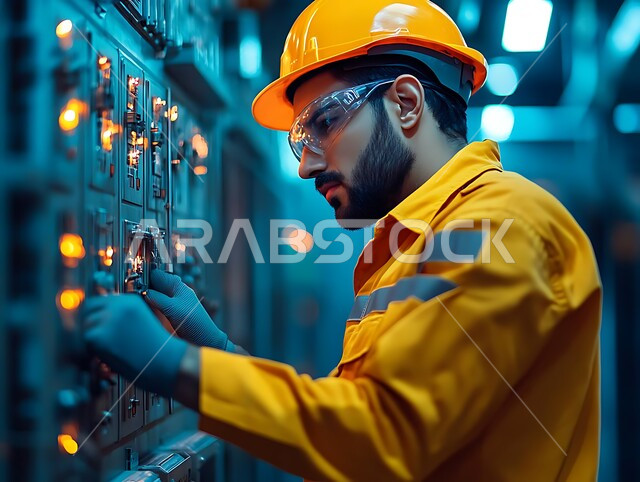 الايدي السعوديه العامله المنتجه، الاداره والاشراف على آلية التصنيع، جودة الصناعه والانتاج في المعامل، مهن ووظائف هندسية سعودية، صورة مقربة من الجانب لمهندس عربي خليجي سعودي يرتدي سترة وقبعة الحماية يقوم بتشغيل الآلات والاجهزه الكهربائيه في المصانع الحديثه