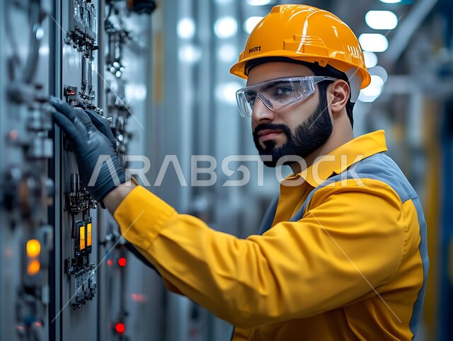 الايدي السعوديه العامله المنتجه، الاداره والاشراف على آلية التصنيع، جودة الصناعه والانتاج في المعامل، مهن ووظائف هندسية سعودية، صورة مقربة من الجانب لمهندس عربي خليجي سعودي يرتدي سترة وقبعة الحماية يقوم بتشغيل الآلات والاجهزه الكهربائيه في المصانع الحديثه