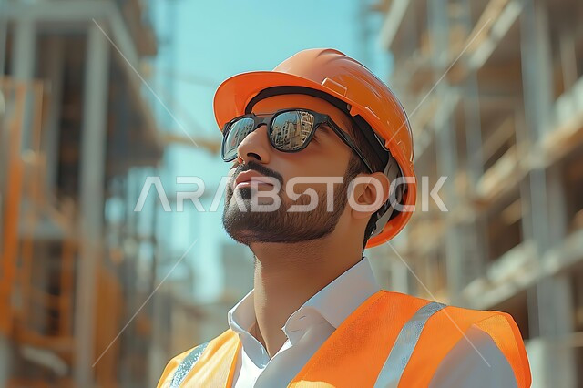 Saudi engineering professions and jobs, development and growth of the engineering sector in the Kingdom, supervising projects at the work site, close-up side view of a Saudi Arabian Gulf engineer wearing a safety jacket and helmet looking at engineering constructions