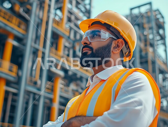 Development and growth of the engineering sector in the Kingdom, supervising projects on the work site, close-up side view of a Saudi Arabian Gulf engineer wearing a protective jacket and helmet standing with crossed hands gestures looking at engineering constructions, Saudi engineering professions and jobs