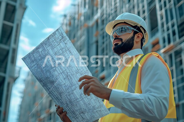 متابعة المشروع وتدقيق العمل ، الاشراف والرقابة على المشاريع الهندسية، صورة مقربة من الجانب لمهندس معماري عربي خليجي سعودي يرتدي قبعة وسترة الوقاية الخاصة بالعمل ، يحمل بيده مخطط البناء، الهندسة المعمارية ، خلفية المشاريع الإنشائية .