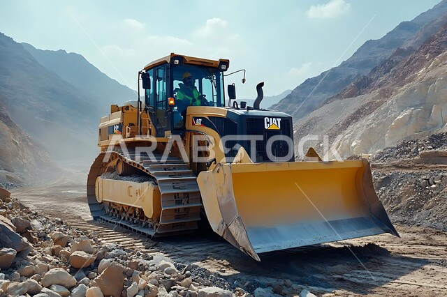 استخدام الآلات والمعدات الثقيلة في المناطق الوعرة في وقت النهار، جرافة هيدروليكية تقوم بأحد اعمال التعدين لنقل وتفريغ التراب في الأماكن الجبلية في المملكة العربية السعودية, مفهوم مشاريع البناء والانشاء  الكبيرة ,مهن ووظائف هندسية صناعية