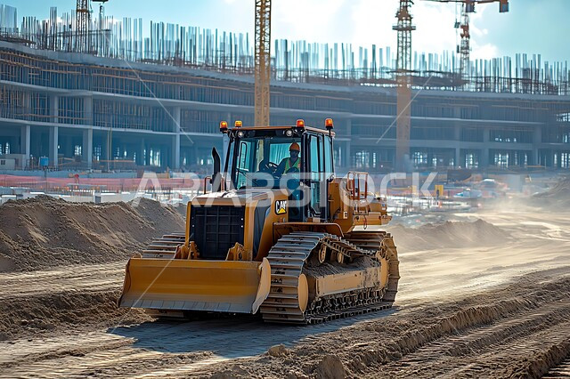 Development, modernization and reconstruction of facilities and buildings in the Kingdom of Saudi Arabia, heavy machinery and equipment, bulldozer for lifting and filling sand and gravel, concept of engineering, construction and development, engineering professions and jobs