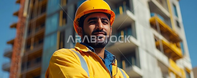 العمل في القطاع الهندسي المعماري، صورة مقربة لمهندس عربي خليجي سعودي مبتسم يرتدي السترة وخوذة الحماية يقف بإيماءات أيدي متقاطعة في موقع العمل، معامل ومصانع سعودية، مهن وأعمال هندسية شبابية، النظر الى الكاميرا والوقوف بثقة وجدية