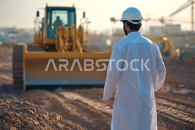  جرافة تعمل على رفع وتعبئة الرمال والحصى والركام، صورة من الخلف لمهندس عربي خليجي سعودي يرتدي خوذة الحماية يقوم بالاشراف على عمل الآلات والمعدات الثقيلة للمباني والهياكل الكبيرة، مفهوم الهندسة والانشاءات، مهن ووظائف هندسية صناعية في السعودية