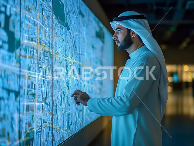 رؤية مستقبلية تكنولوجية، مفهوم التحول الرقمي، التقدم والتطور التقني في المجال الهندسي، صورة مقربة من الجانب  لرجل اعمال عربي خليجي سعودي يرتدي الثوب التقليدي والغترة يشير بيده إلى شاشة هولوجرامية ثلاثية الأبعاد